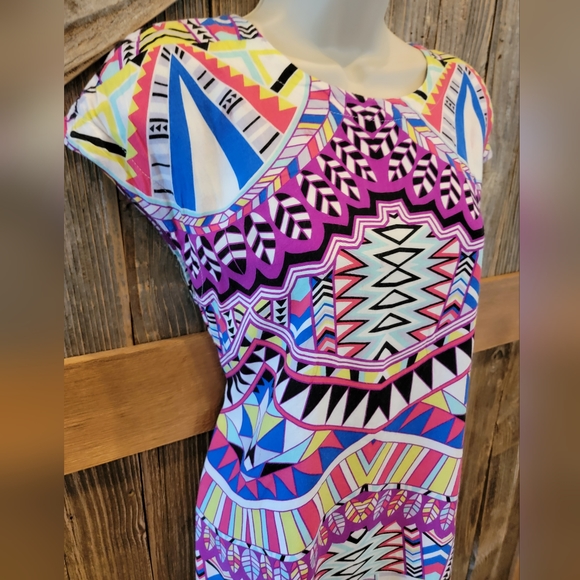Uncle Frank Multi-Colored Print Geo Shift Dress S 100% Rayon Pockets Summer ^ - Picture 2 of 8